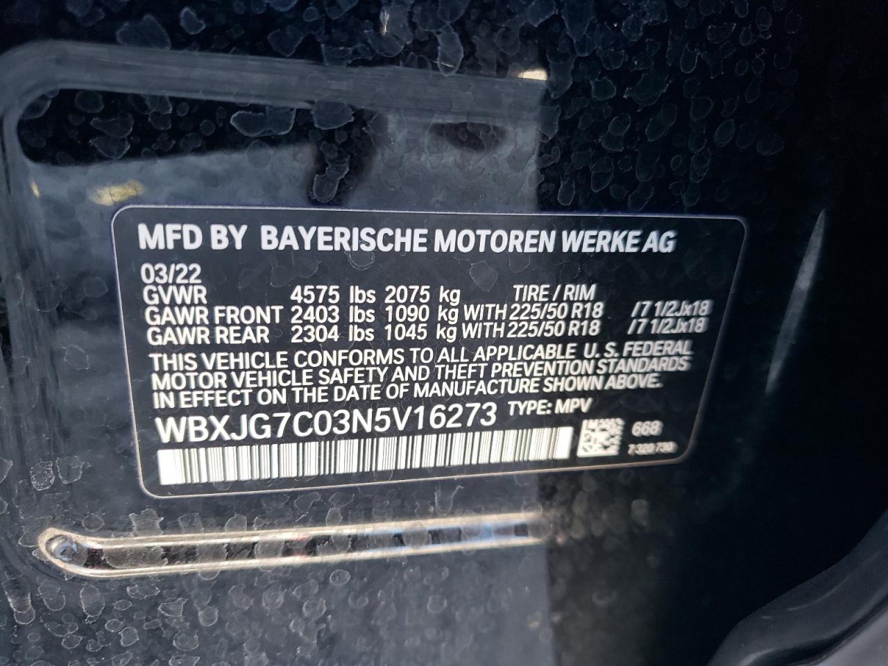 2022 BMW X1 SDRIVE28I VIN:WBXJG7C03N5V16273