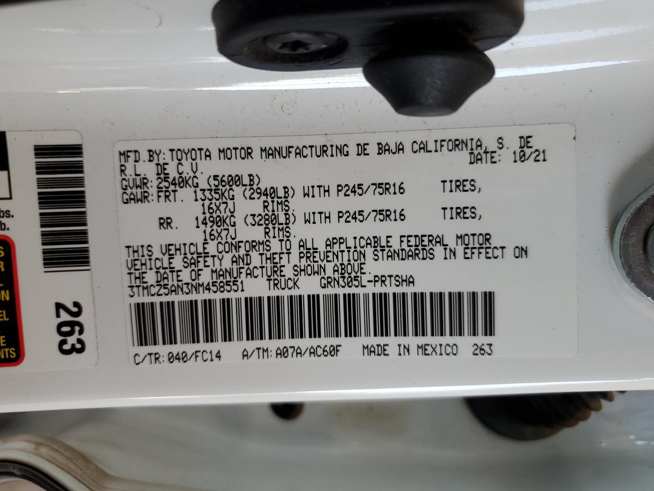 2022 TOYOTA TACOMA DOUBLE CAB VIN:3TMCZ5AN3NM458551