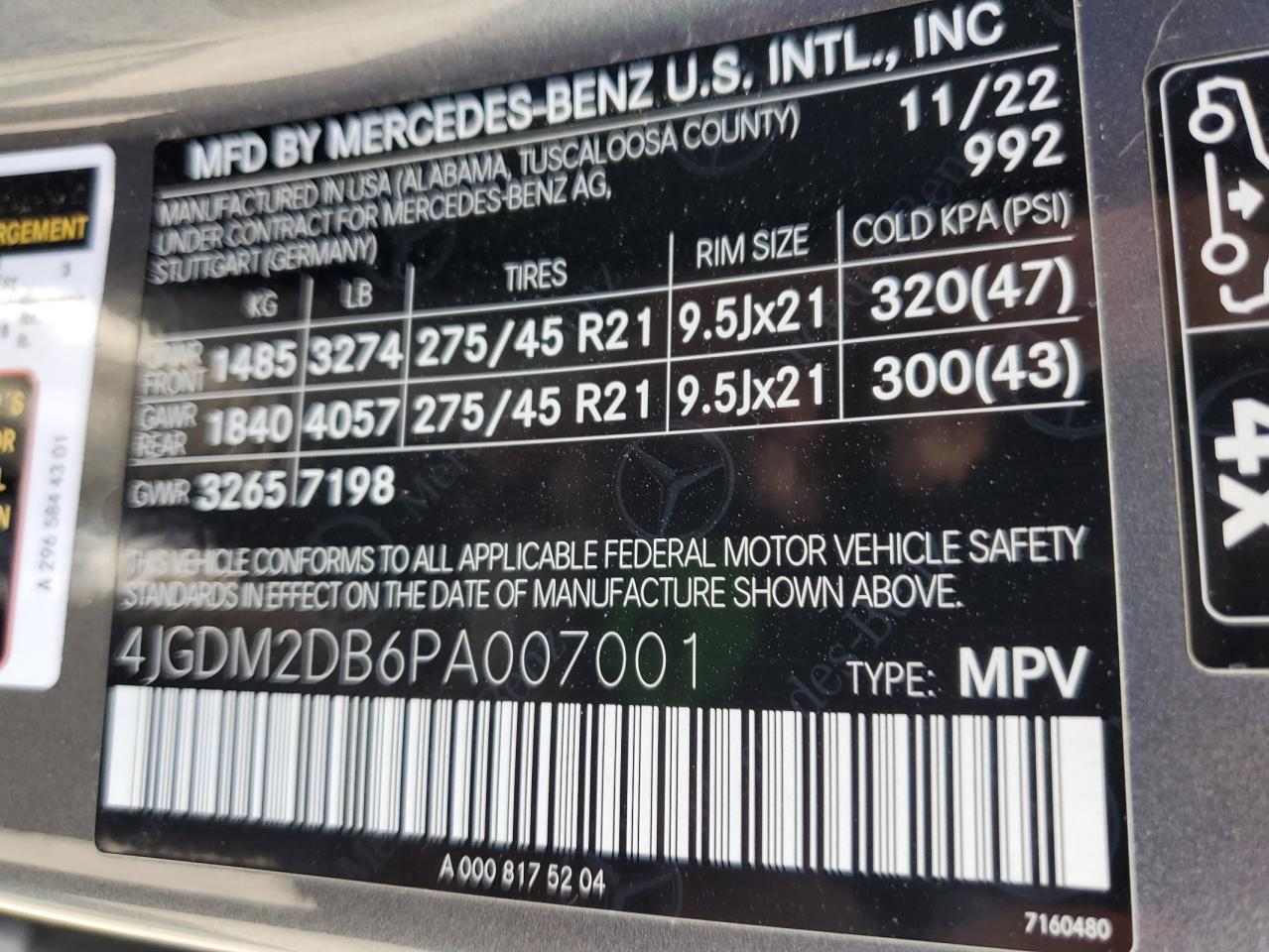 2023 MERCEDES-BENZ EQS SUV 450+ VIN:4JGDM2DB6PA007001