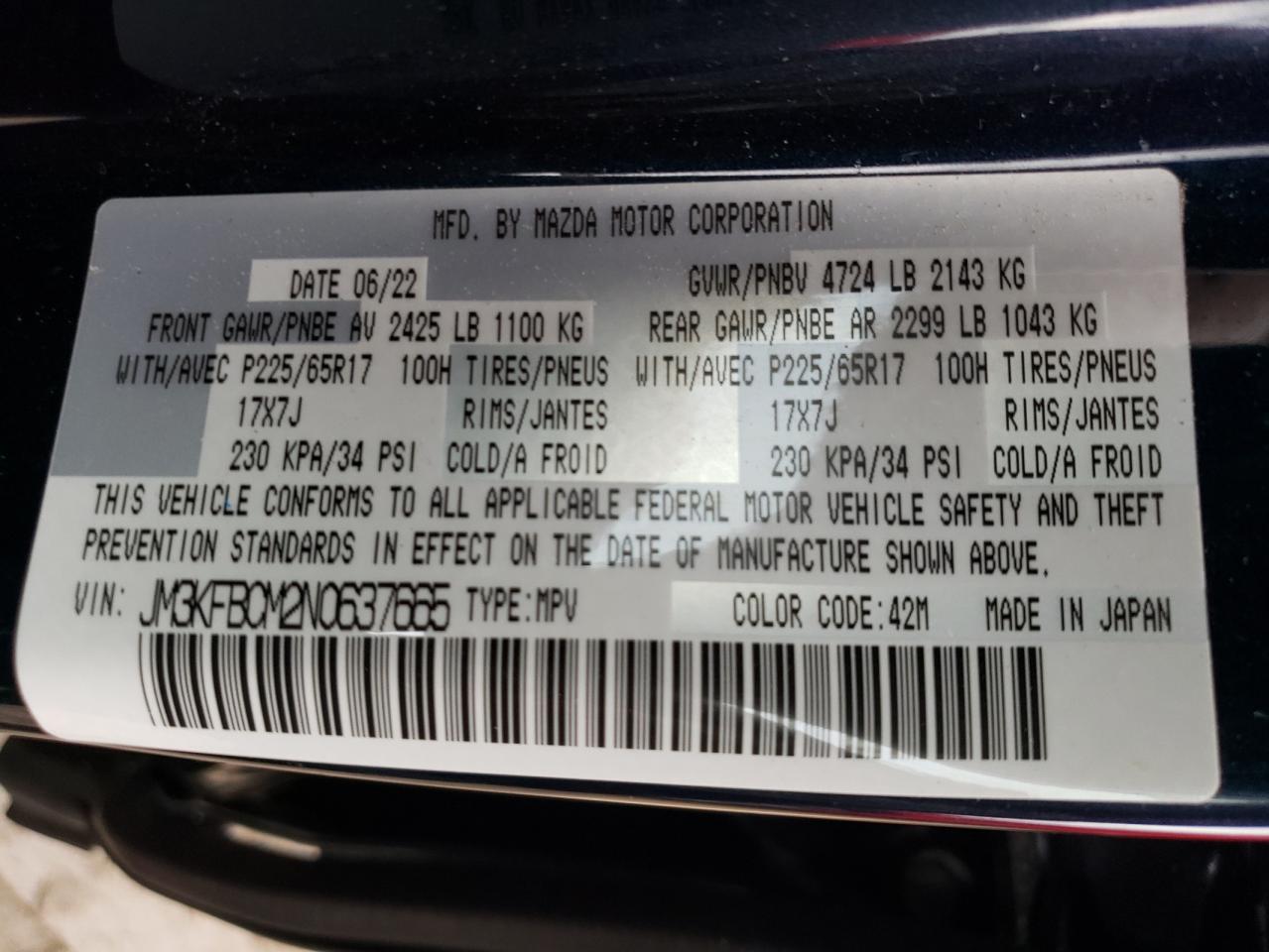 2022 MAZDA CX-5 PREFERRED VIN:JM3KFBCM2N0637665