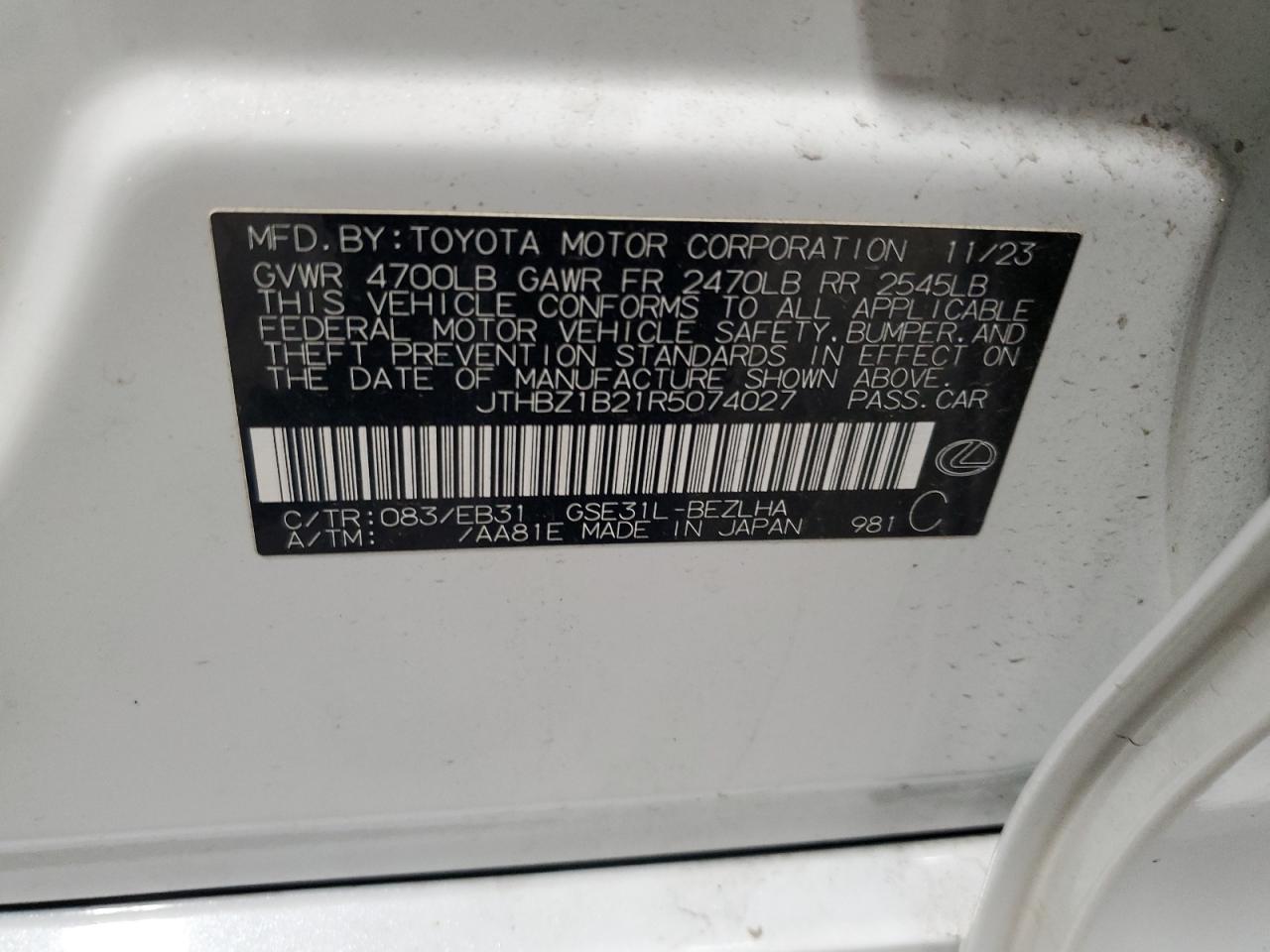 2024 LEXUS IS 350 F SPORT DESIGN VIN:JTHBZ1B21R5074027