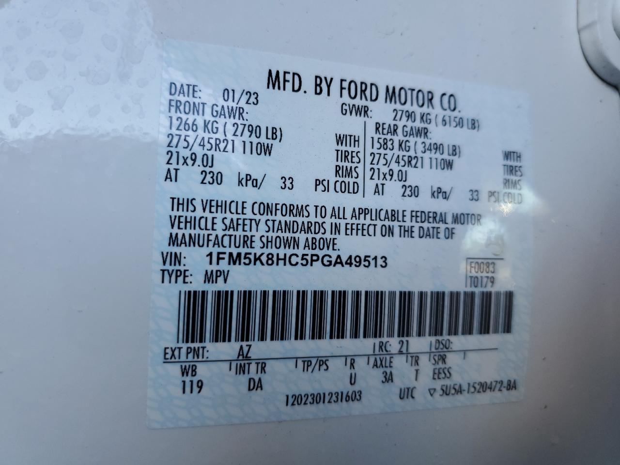 2023 FORD EXPLORER PLATINUM VIN:1FM5K8HC5PGA49513