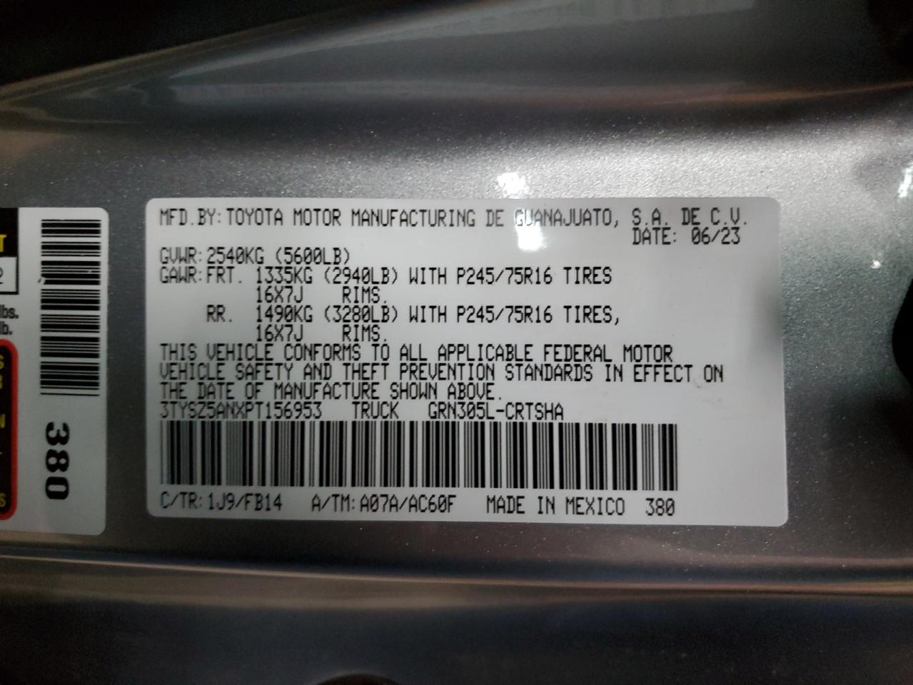 2023 TOYOTA TACOMA ACCESS CAB VIN:3TYSZ5ANXPT156953