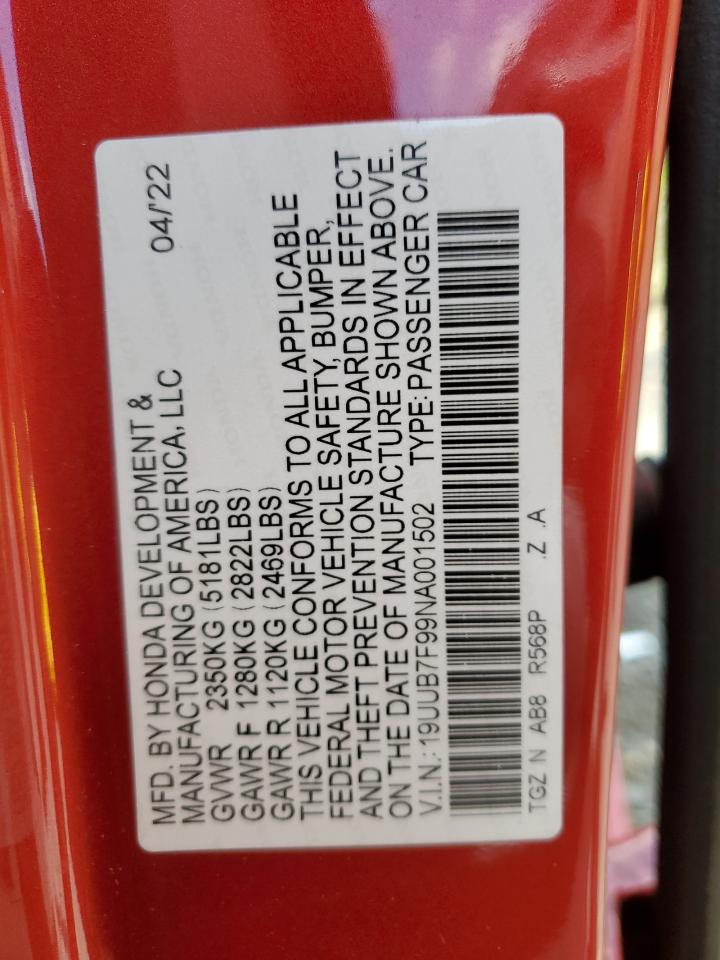 2022 ACURA TLX TYPE S VIN:19UUB7F99NA001502