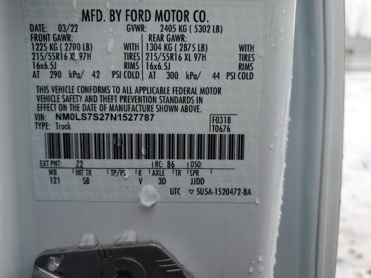 2022 FORD TRANSIT CONNECT XL VIN:NM0LS7S27N1527787