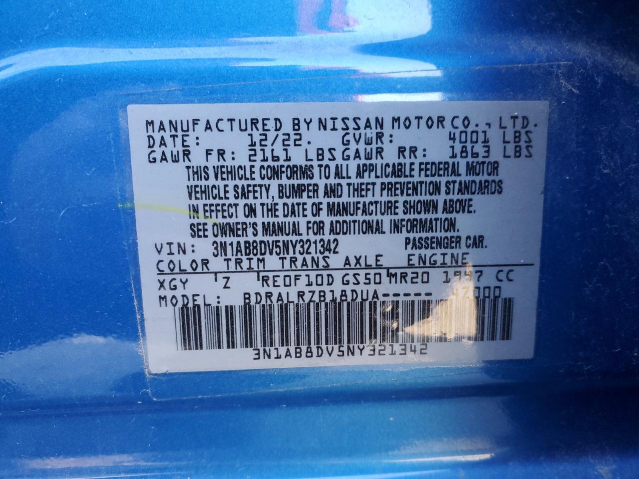 2022 NISSAN SENTRA SR VIN:3N1AB8DV5NY321342