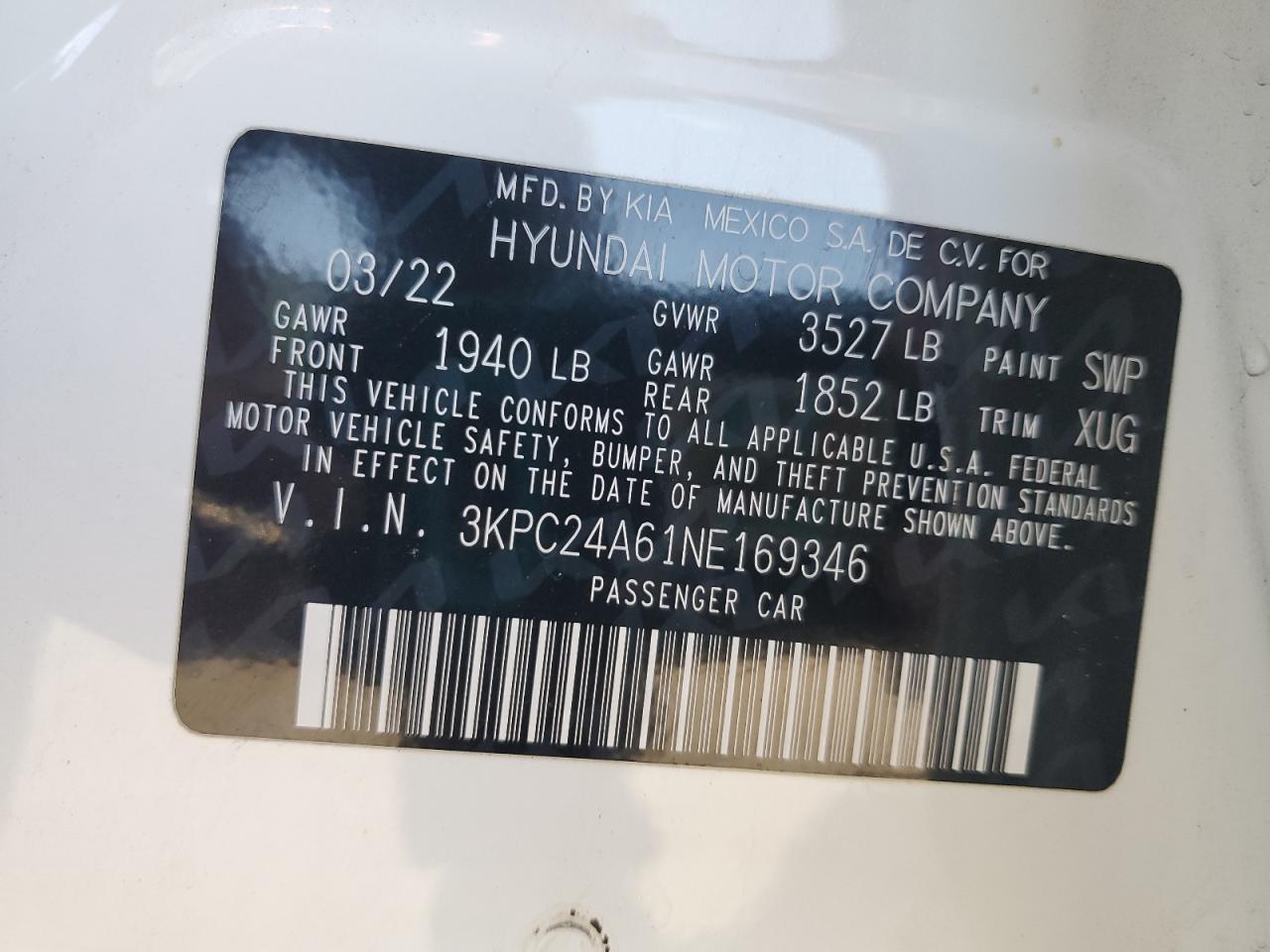 2022 HYUNDAI ACCENT SE VIN:3KPC24A61NE169346