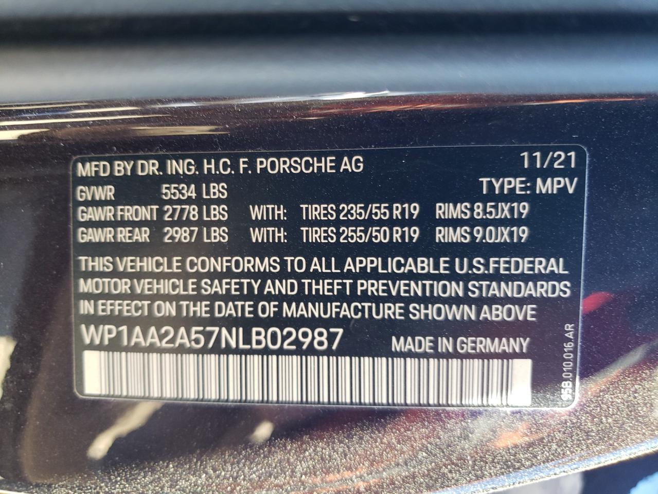 2022 PORSCHE MACAN  VIN:WP1AA2A57NLB02987