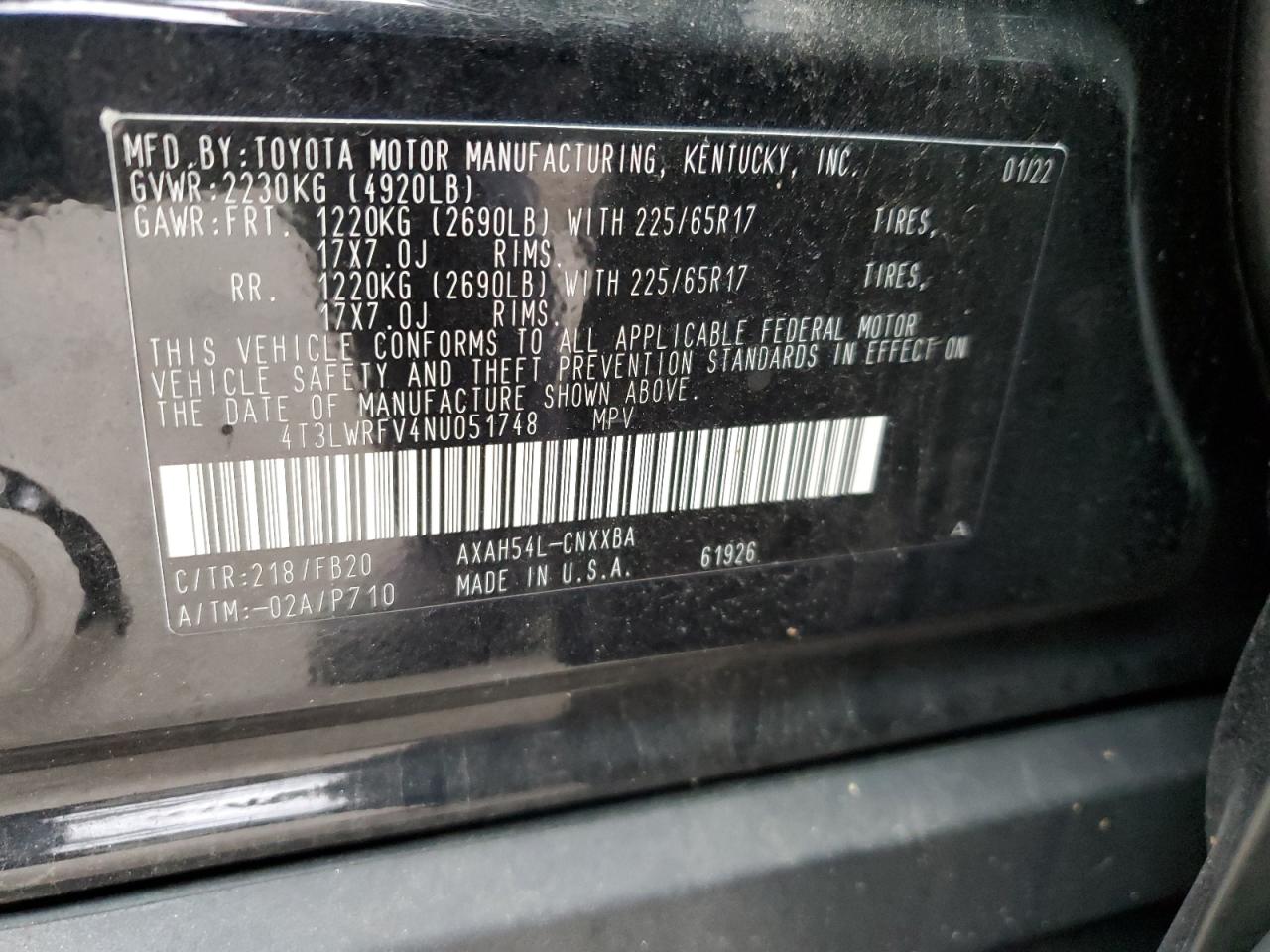 2022 TOYOTA RAV4 LE VIN:4T3LWRFV4NU051748