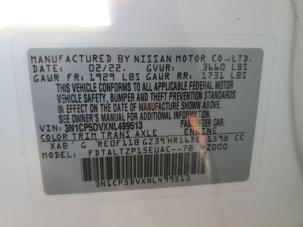 2022 NISSAN KICKS SR VIN:3N1CP5DVXNL499513