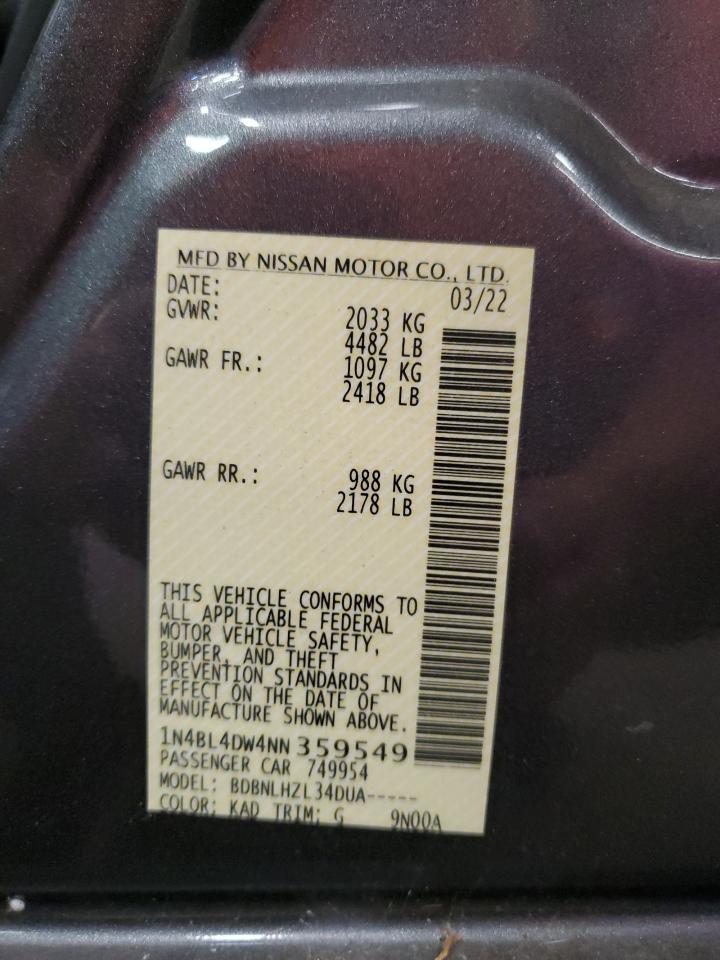 2022 NISSAN ALTIMA SV VIN:1N4BL4DW4NN359549