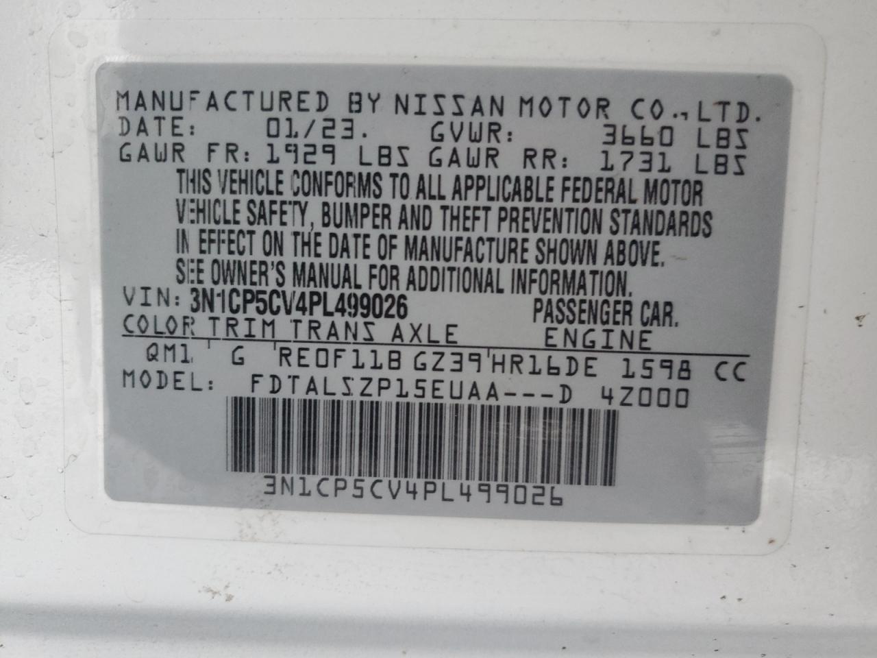 2023 NISSAN KICKS SV VIN:3N1CP5CV4PL499026