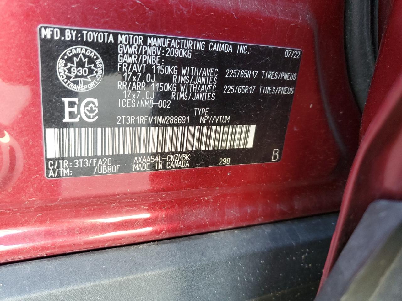 2022 TOYOTA RAV4 XLE VIN:2T3R1RFV1NW288691