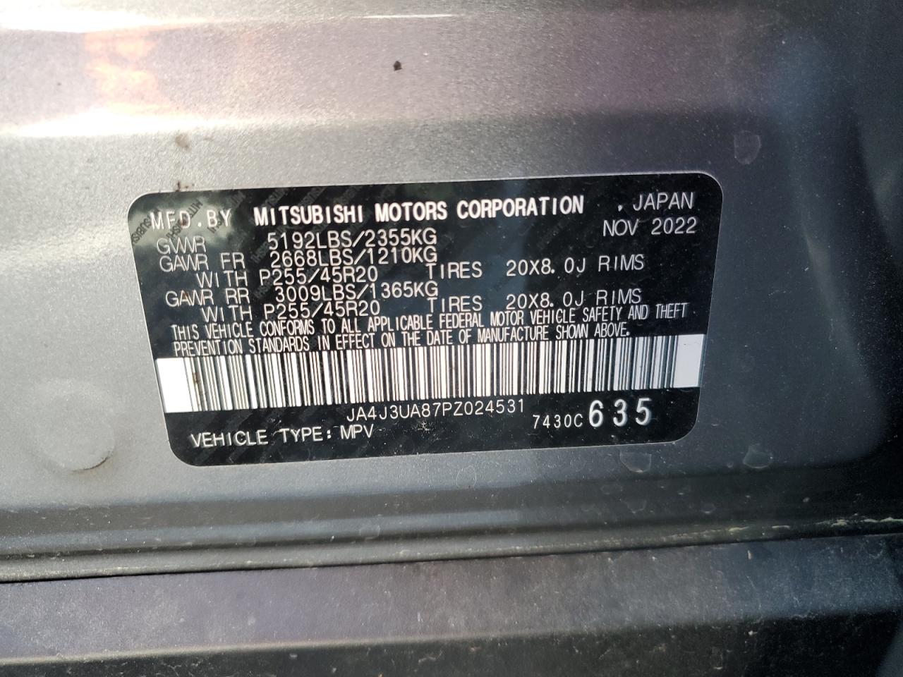 2023 MITSUBISHI OUTLANDER SE VIN:JA4J3UA87PZ024531