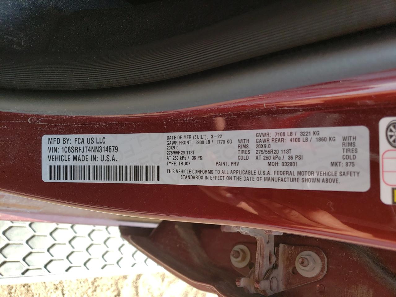 2022 RAM 1500 LARAMIE VIN:1C6SRFJT4NN314679