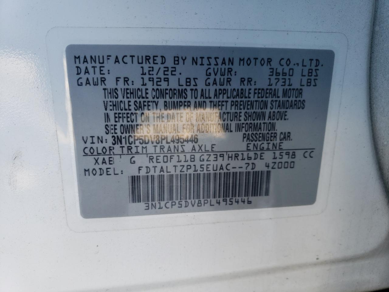 2023 NISSAN KICKS SR VIN:3N1CP5DV8PL495446