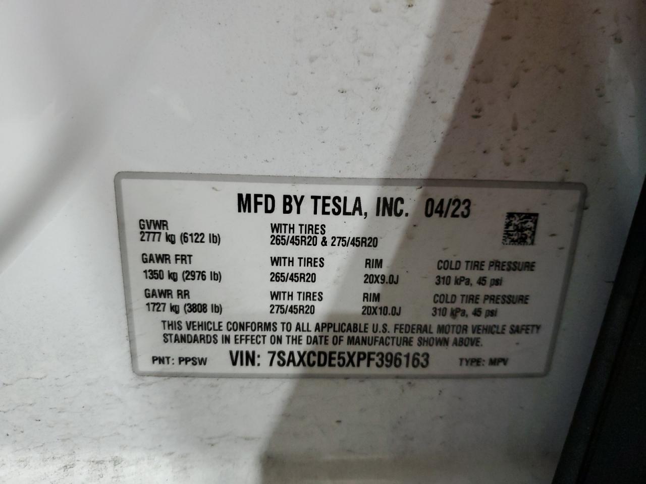 2023 TESLA MODEL X  VIN:7SAXCDE5XPF396163