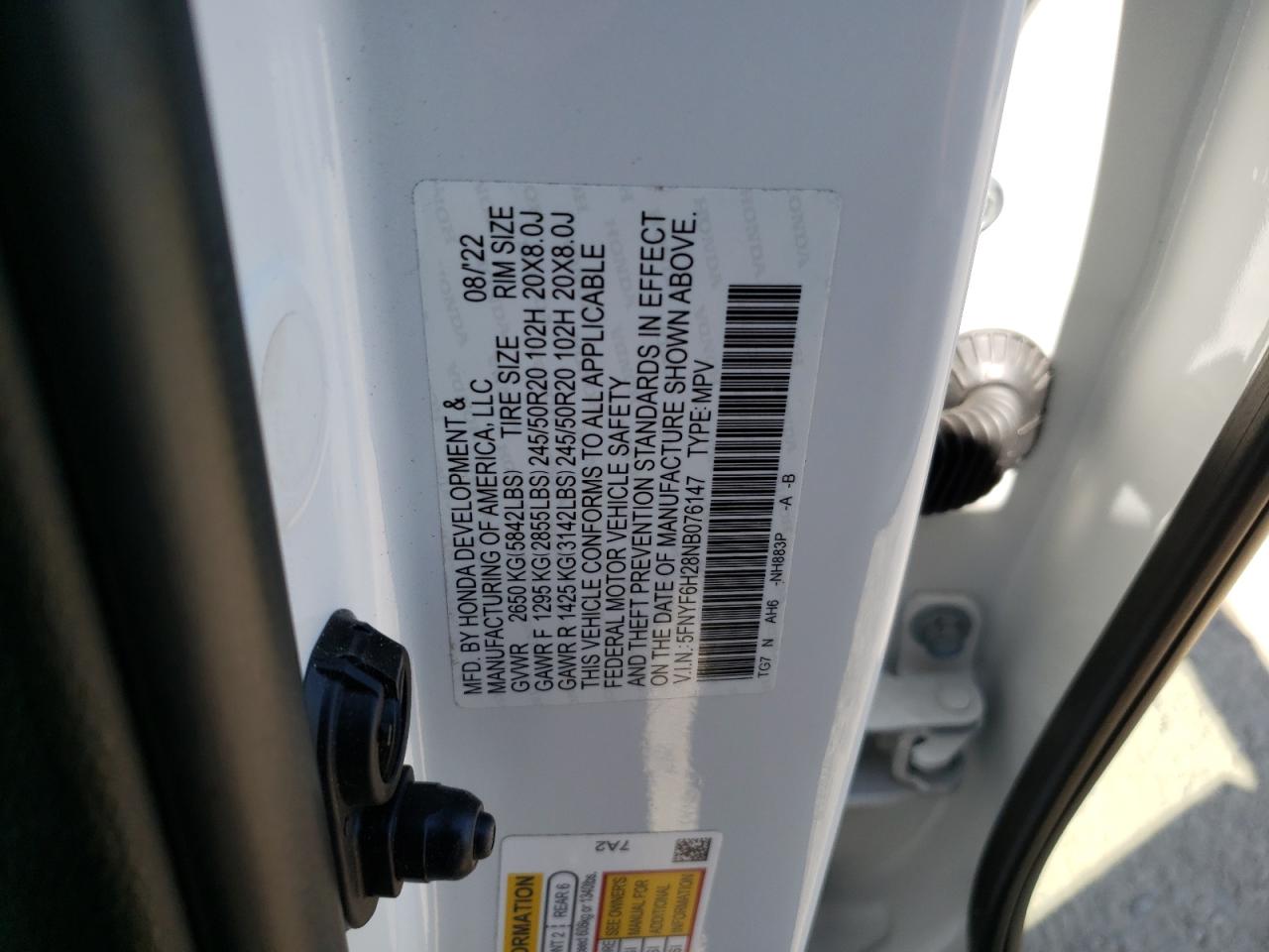 2022 HONDA PILOT SE VIN:5FNYF6H28NB076147