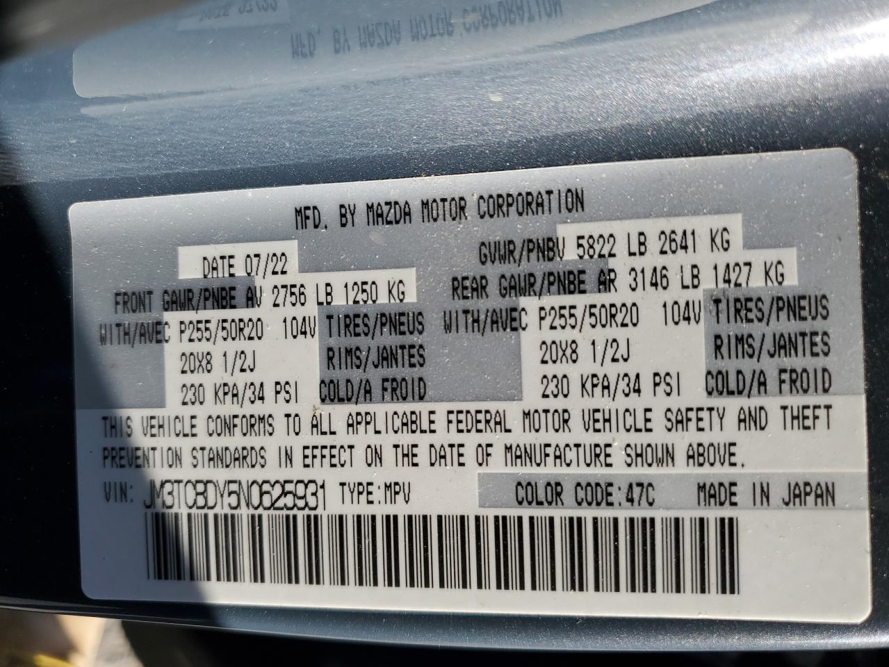 2022 MAZDA CX-9 GRAND TOURING VIN:JM3TCBDY5N0625931