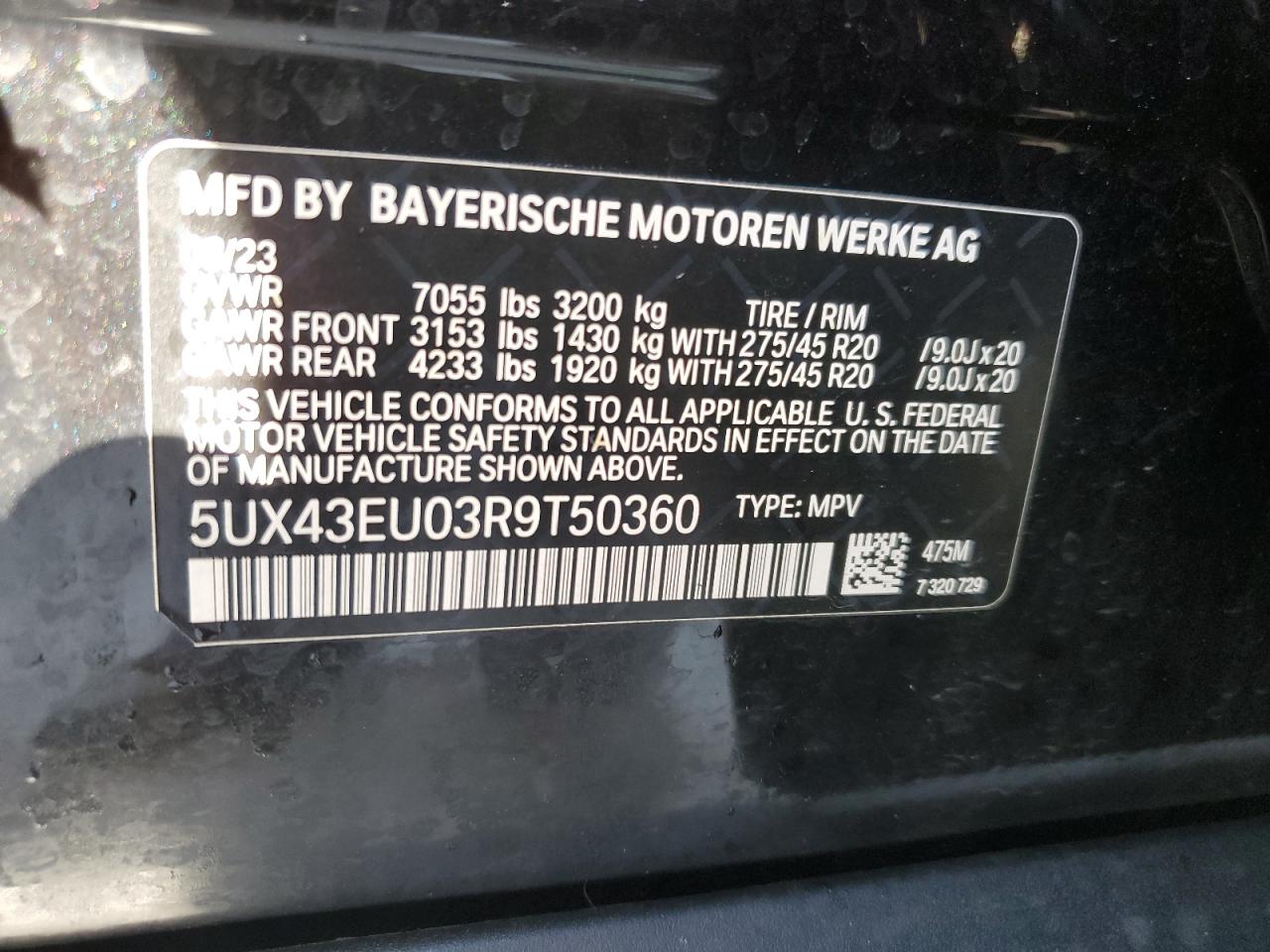 2024 BMW X5 XDRIVE50E VIN:5UX43EU03R9T50360