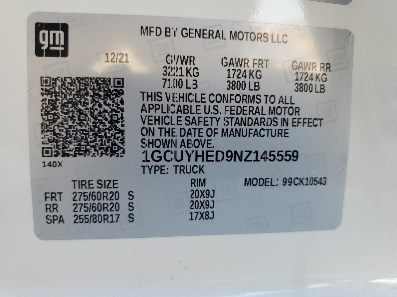 2022 CHEVROLET SILVERADO LTD K1500 HIGH COUNTRY VIN:1GCUYHED9NZ145559