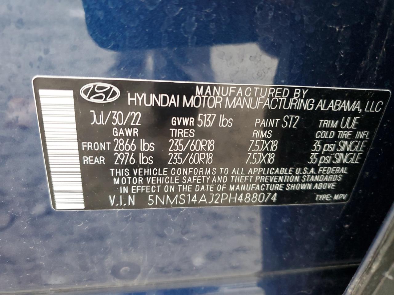 2023 HYUNDAI SANTA FE SE VIN:5NMS14AJ2PH488074