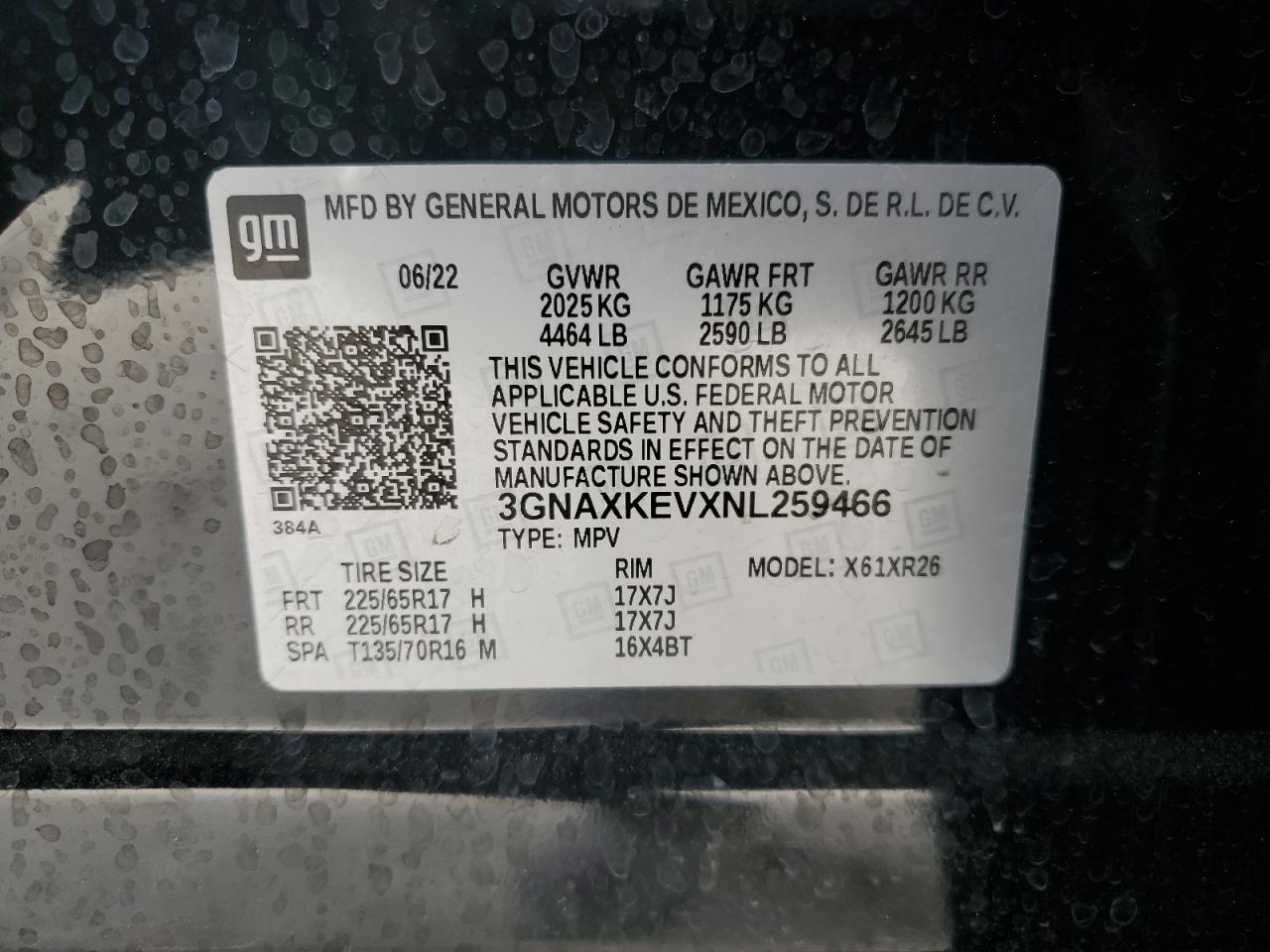 2022 CHEVROLET EQUINOX LT VIN:3GNAXKEVXNL259466