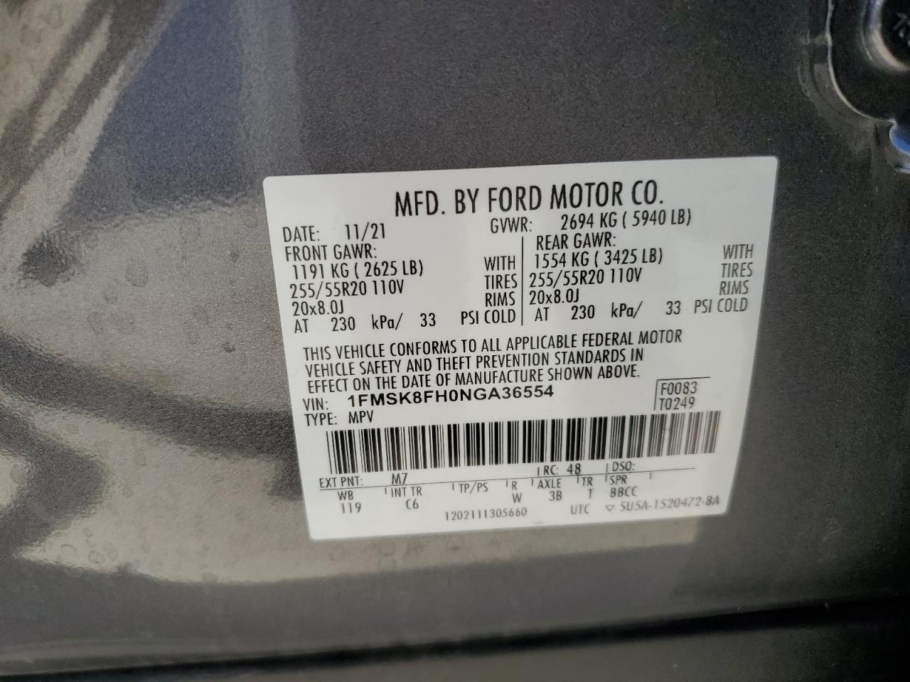 2022 FORD EXPLORER LIMITED VIN:1FMSK8FH0NGA36554