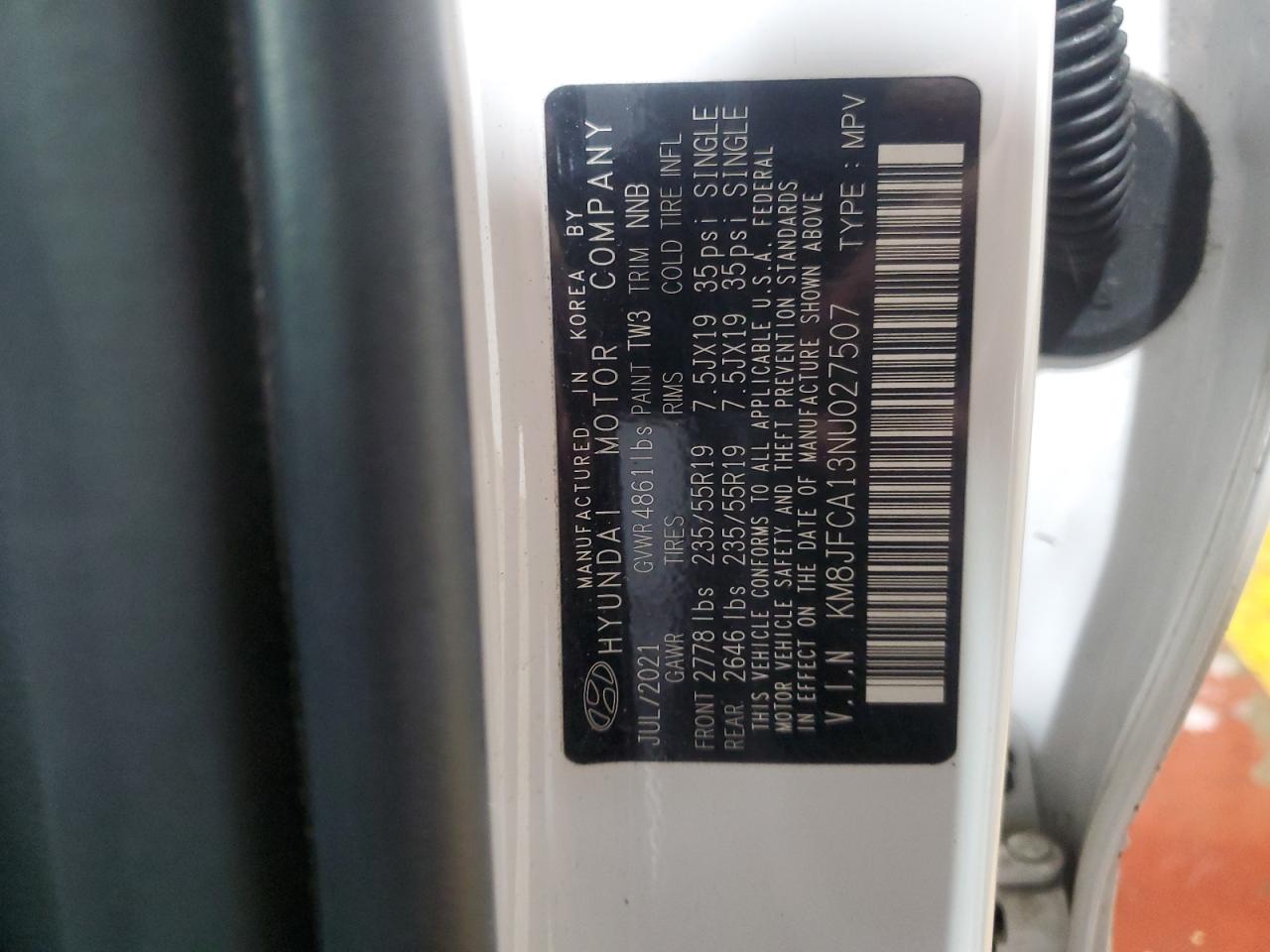 2022 HYUNDAI TUCSON SEL CONVENIENCE VIN:KM8JFCA13NU027507