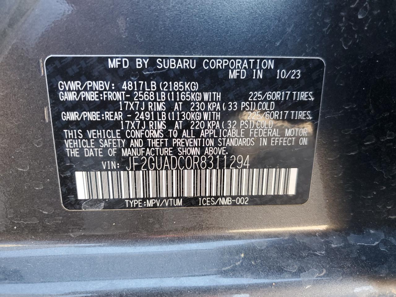 2024 SUBARU CROSSTREK PREMIUM VIN:JF2GUADC0R8311294