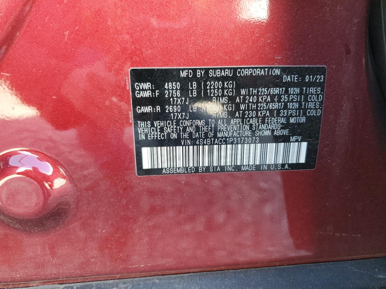 2023 SUBARU OUTBACK PREMIUM VIN:4S4BTACC1P3173073