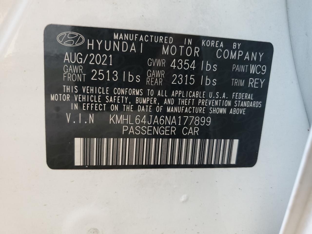 2022 HYUNDAI SONATA SEL VIN:KMHL64JA6NA177899