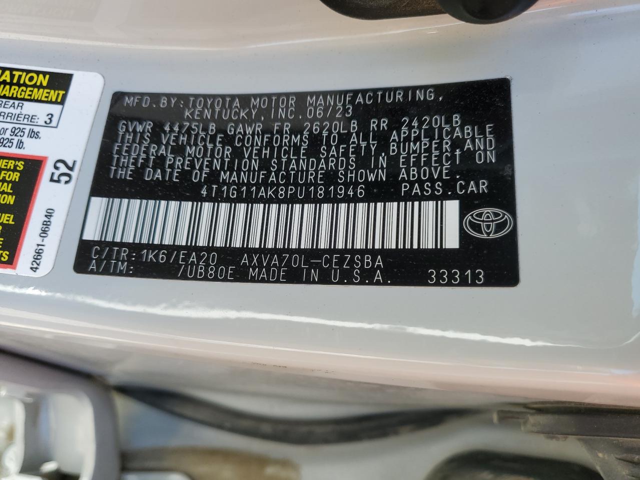 2023 TOYOTA CAMRY SE NIGHT SHADE VIN:4T1G11AK8PU181946