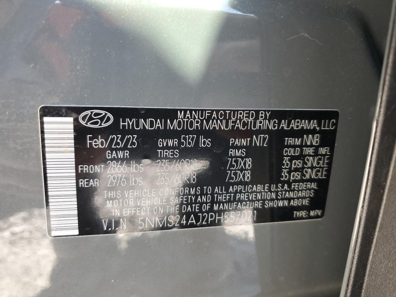 2023 HYUNDAI SANTA FE SEL VIN:5NMS24AJ2PH557021