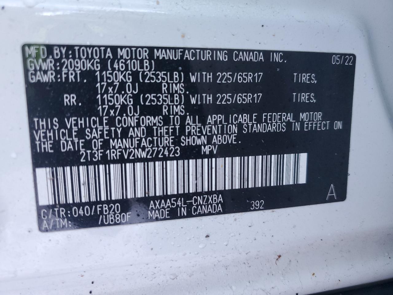 2022 TOYOTA RAV4 LE VIN:2T3F1RFV2NW272423