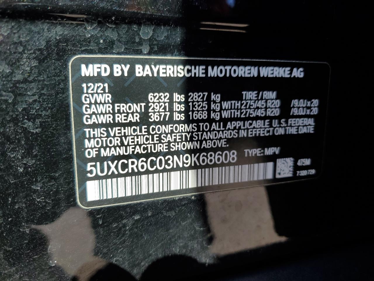 2022 BMW X5 XDRIVE40I VIN:5UXCR6C03N9K68608