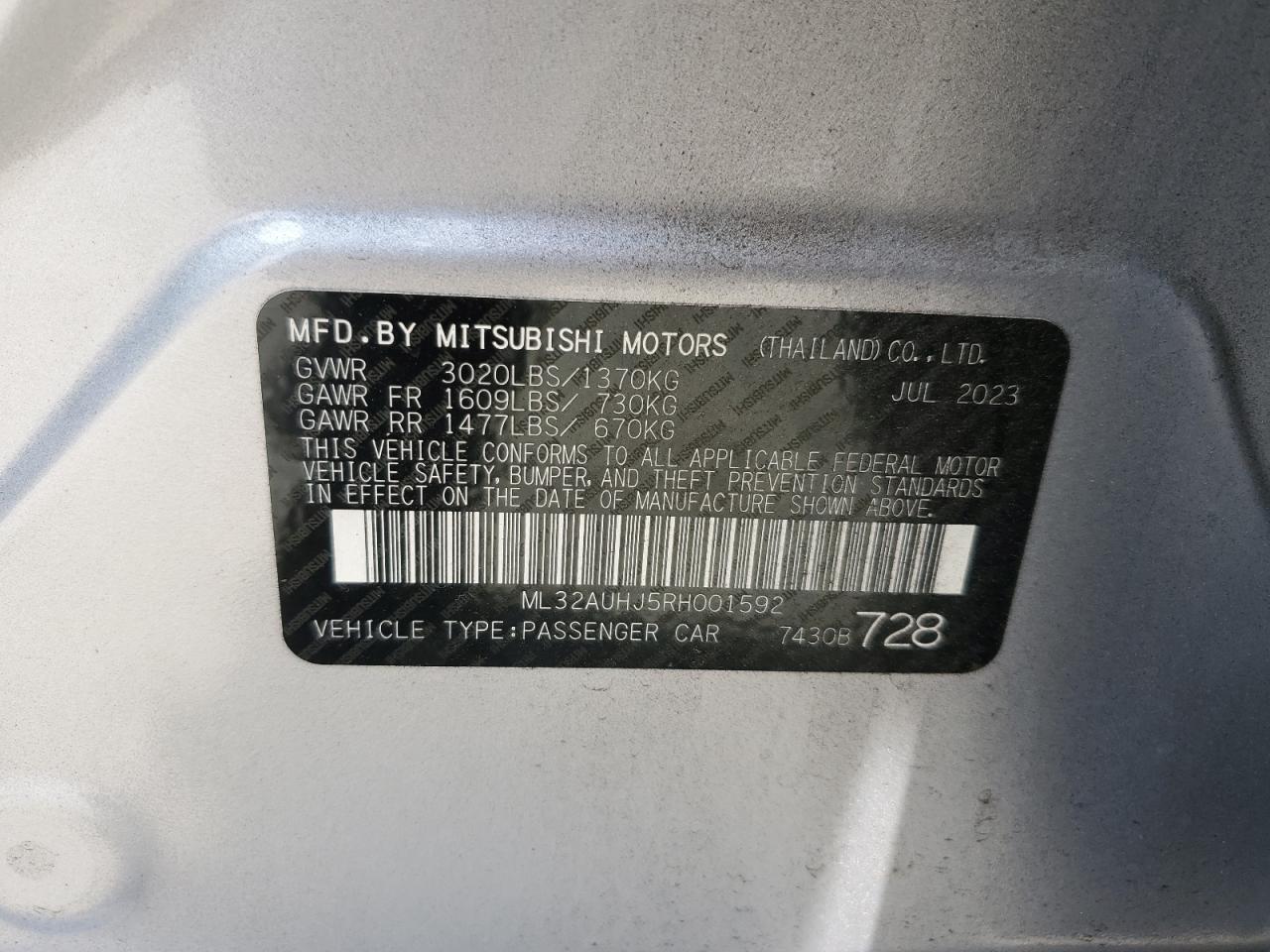 2024 MITSUBISHI MIRAGE ES VIN:ML32AUHJ5RH001592