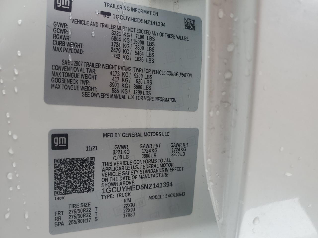 2022 CHEVROLET SILVERADO LTD K1500 HIGH COUNTRY VIN:1GCUYHED5NZ141394