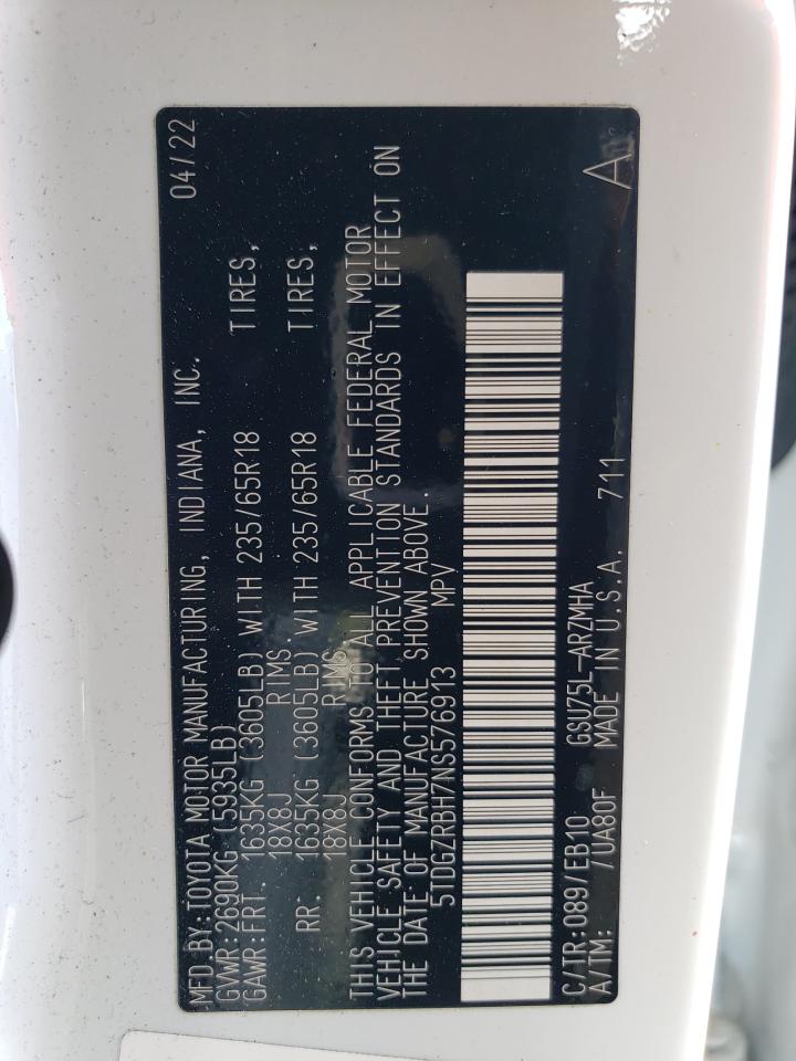 2022 TOYOTA HIGHLANDER XLE VIN:5TDGZRBH7NS576913