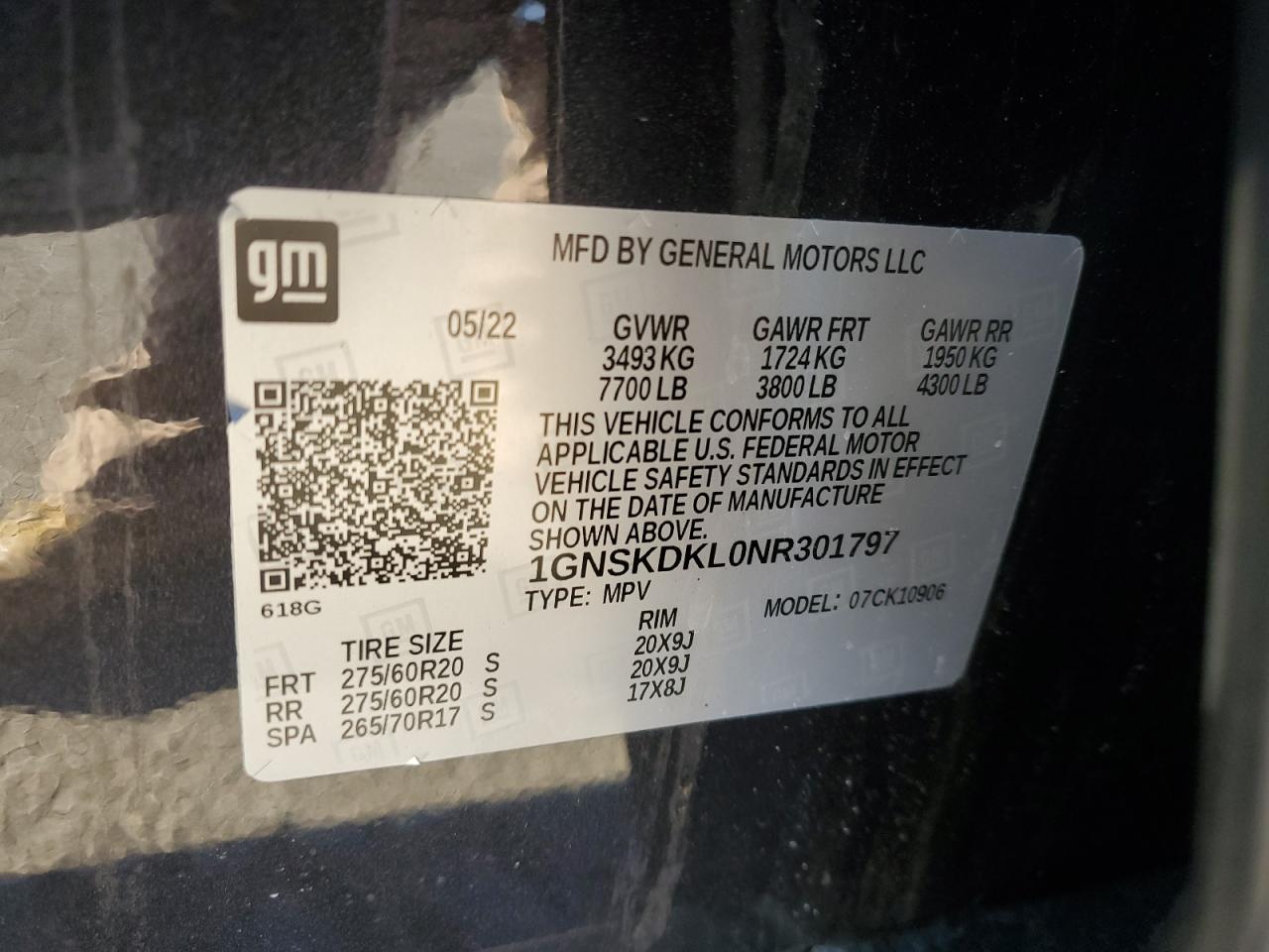 2022 CHEVROLET SUBURBAN K1500 Z71 VIN:1GNSKDKL0NR301797