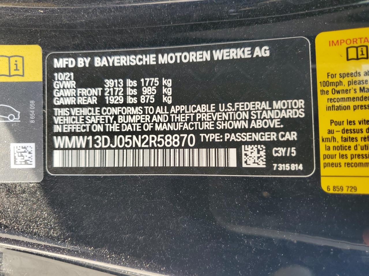 2022 MINI COOPER SE VIN:WMW13DJ05N2R58870