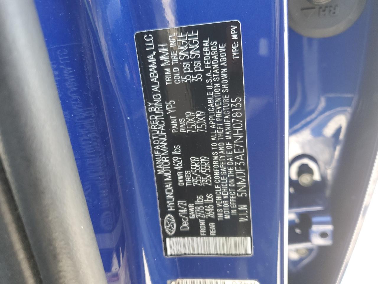 2022 HYUNDAI TUCSON SEL VIN:5NMJF3AE7NH078135