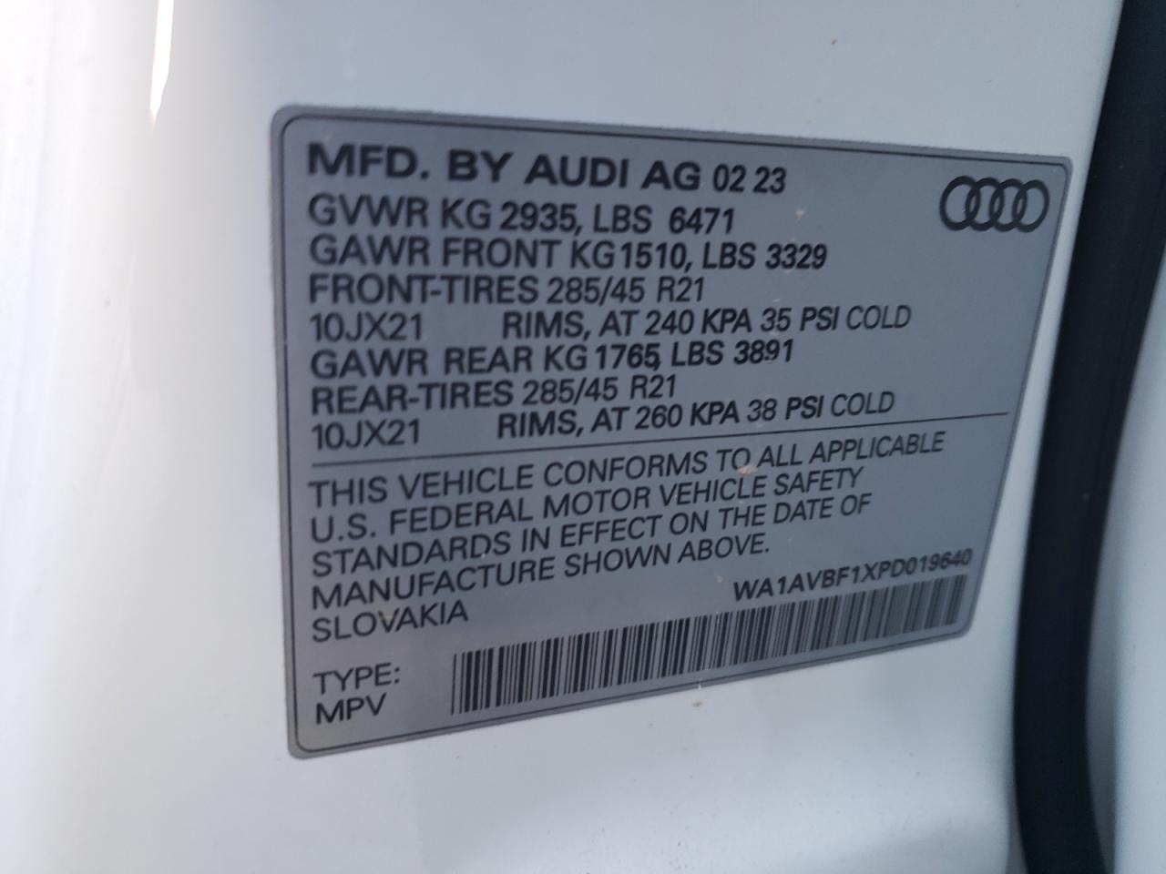 2023 AUDI Q8 PREMIUM VIN:WA1AVBF1XPD019640