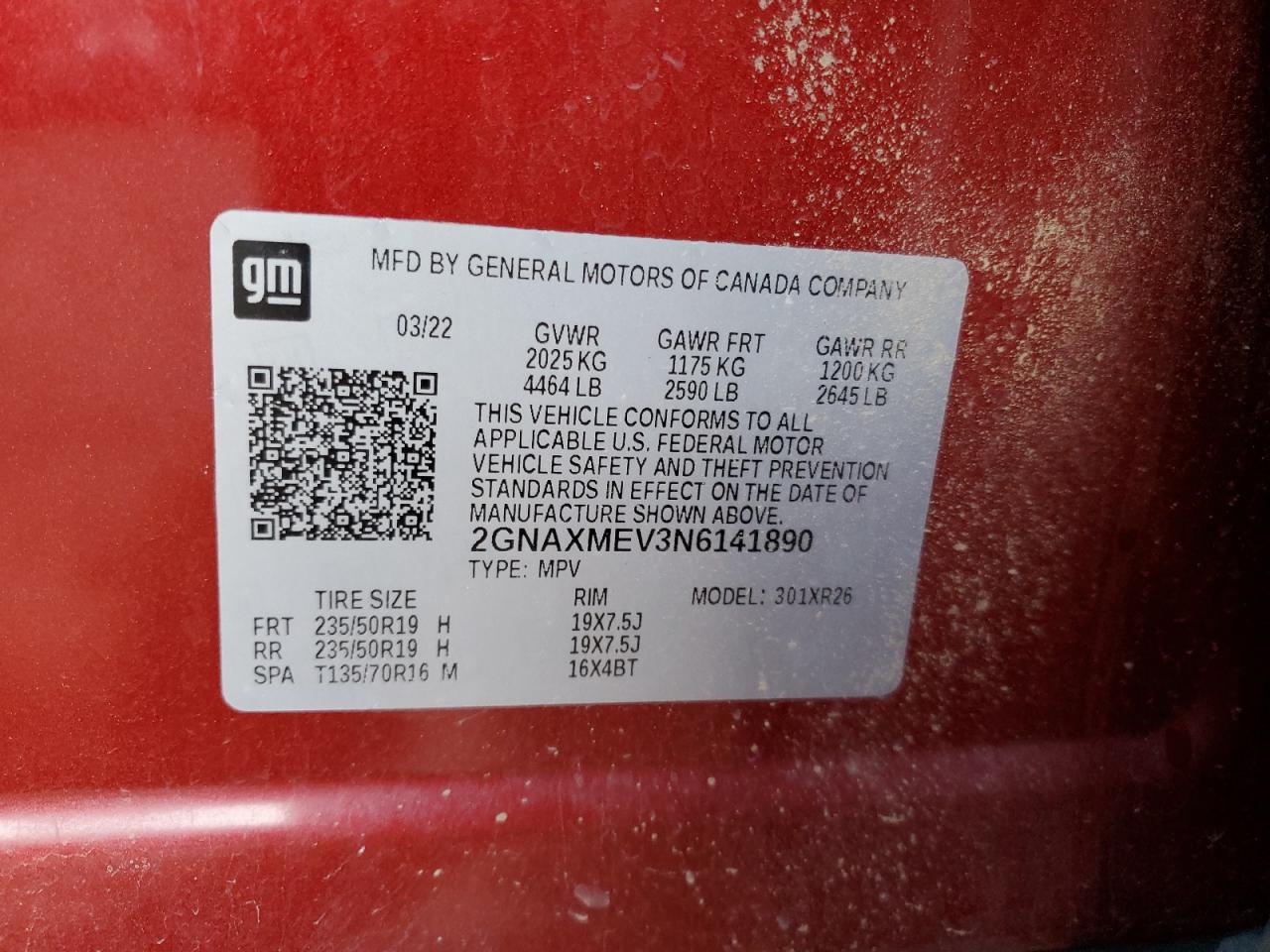 2022 CHEVROLET EQUINOX RS VIN:2GNAXMEV3N6141890