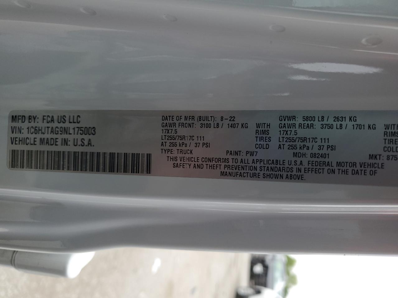 2022 JEEP GLADIATOR SPORT VIN:1C6HJTAG9NL175003