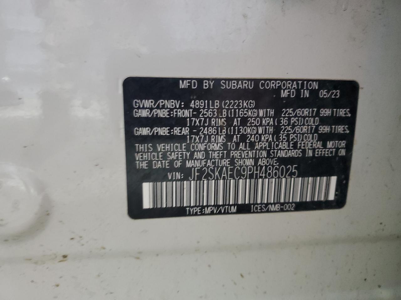 2023 SUBARU FORESTER PREMIUM VIN:JF2SKAEC9PH486025