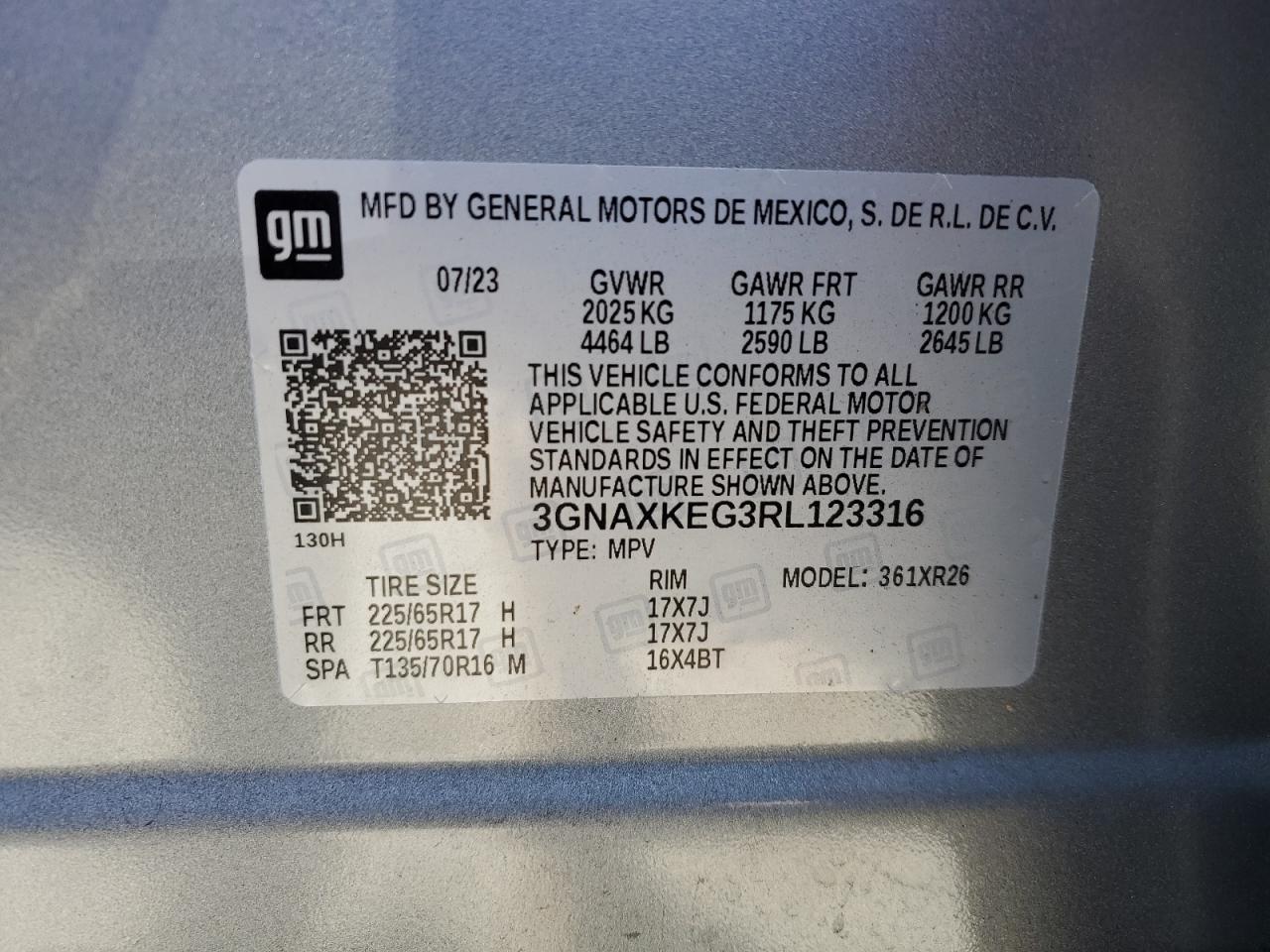 2024 CHEVROLET EQUINOX LT VIN:3GNAXKEG3RL123316