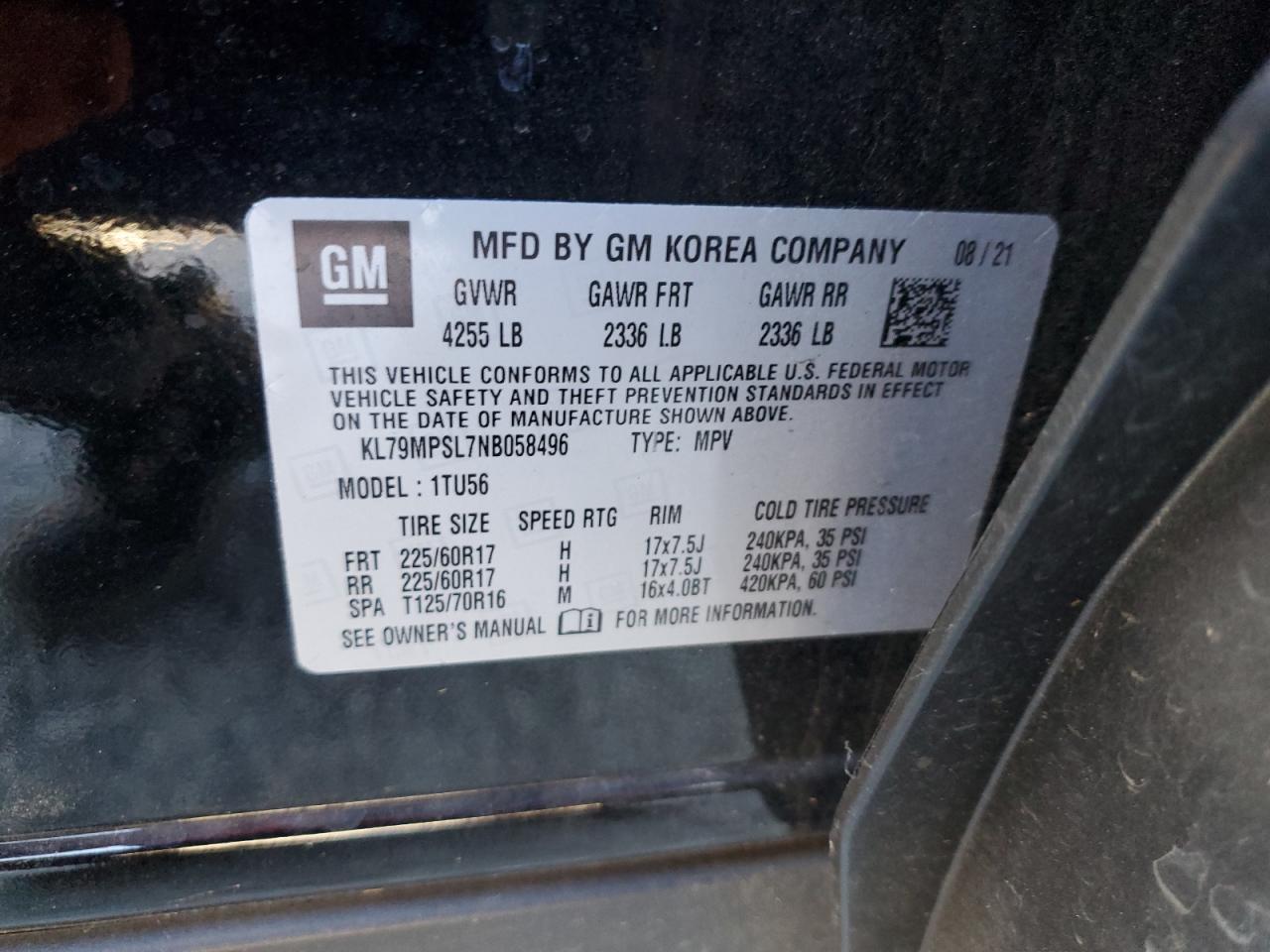 2022 CHEVROLET TRAILBLAZER LT VIN:KL79MPSL7NB058496