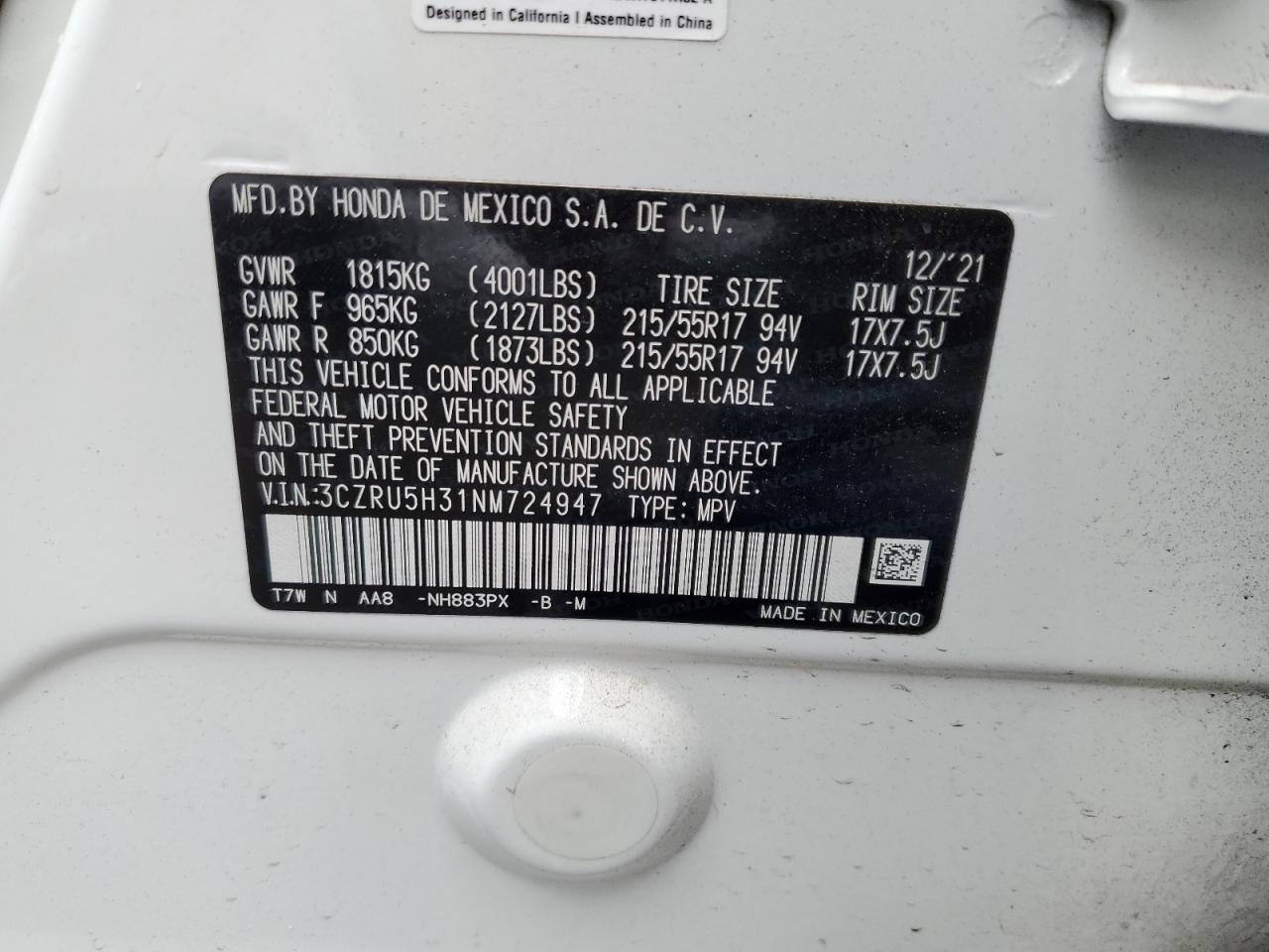 2022 HONDA HR-V LX VIN:3CZRU5H31NM724947