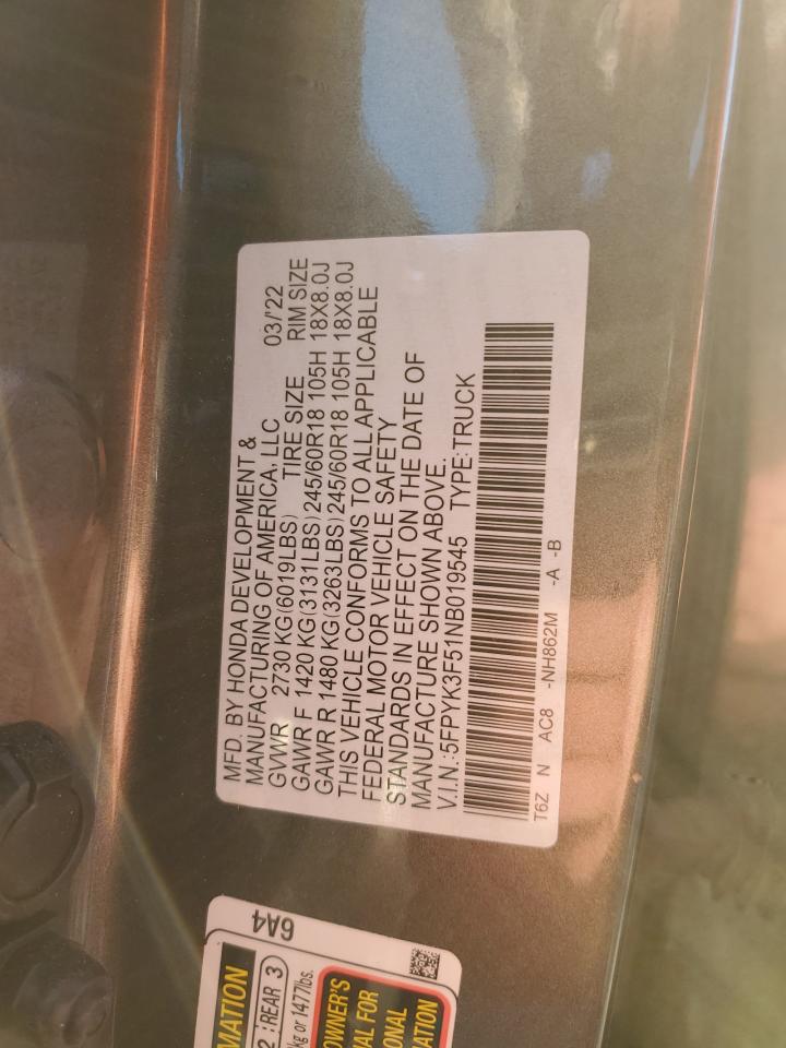 2022 HONDA RIDGELINE RTL VIN:5FPYK3F51NB019545